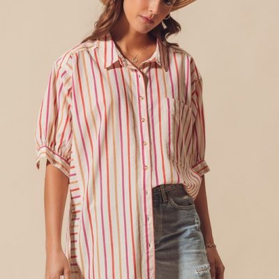 Multicolored Stripe Button Down Shirt - Pink Combo