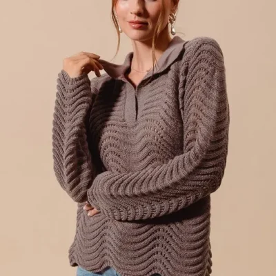 Notched Collar Wavy Texture Sweater Top - Coffee