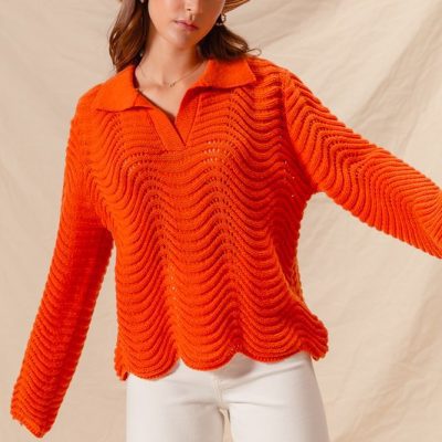 Notched Collar Wavy Texture Sweater Top - Rust