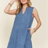 Notched Sleeveless Denim Dress With Pockets - Medium