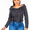 Off Shoulder Lace Up Denim Jacket - Black