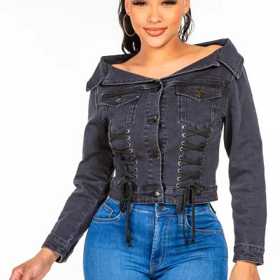 Off Shoulder Lace Up Denim Jacket - Black