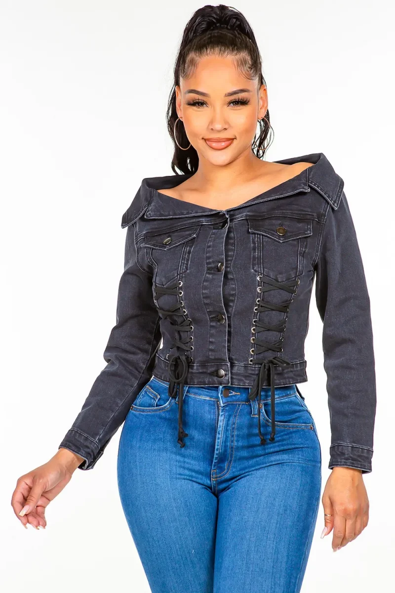 Off Shoulder Lace Up Denim Jacket - Black