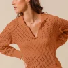 Open Knit Polo Sweater Top - Rust