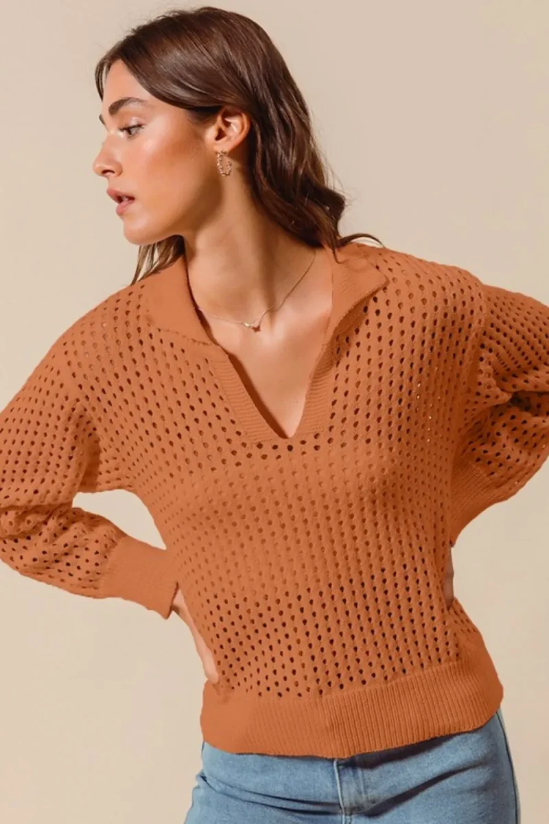 Open Knit Polo Sweater Top - Rust
