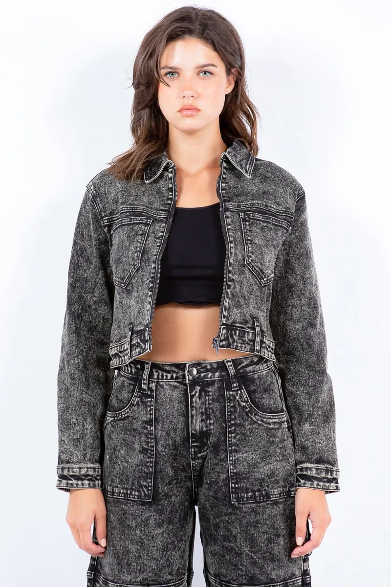 Overdyed Bleached Zip Up Cropped Jacket - Grey