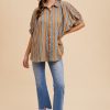 Oversized Drop Shoulder Striped Woven Shirt - Camel Multi