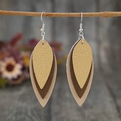 PU Leather Leaf Shape Earrings - Tan