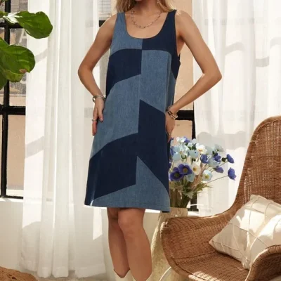 Pin Stripes Ruffled Mini Dress - Denim