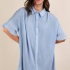 Pleated Detail Button Down Mini Dress - Sky