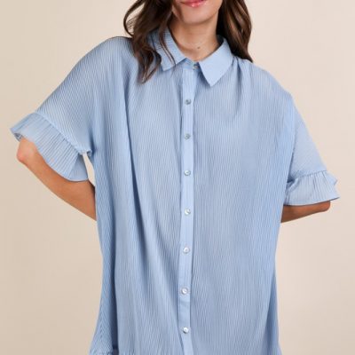Pleated Detail Button Down Mini Dress - Sky