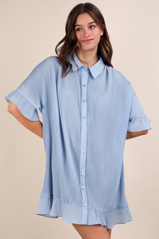 Pleated-Detail-Button-Down-Mini-Dress-Sky Pleated Detail Button Down Mini Dress - Sky