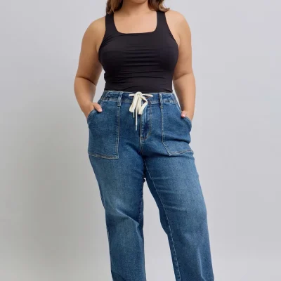 Plus Size High Waist Drawstring Wide Leg Jeans - Medium