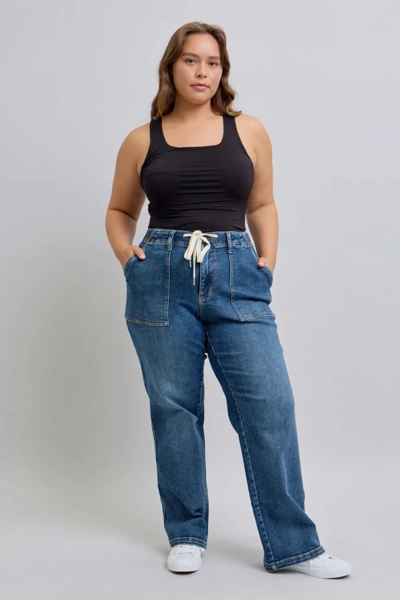 Plus Size High Waist Drawstring Wide Leg Jeans - Medium
