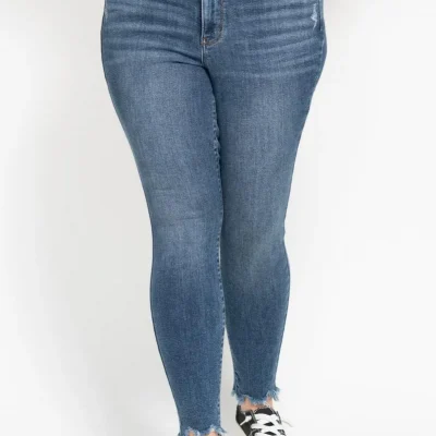 Plus Size High Waist Skinny With Destroy & Shark Bit Hem - Medium