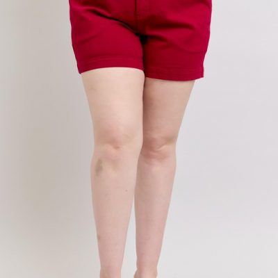 Plus Size High Waist Tummy Control Garment Dyed Heart Shaped Denim Shorts - Scarlet