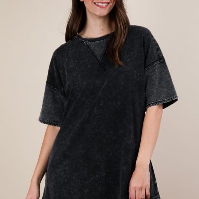 Plus Size Mineral Washed Comfy Casual Knit Mini Dress - Black
