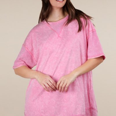 Plus Size Mineral Washed Comfy Casual Knit Mini Dress - Pink
