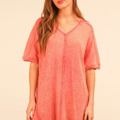 Plus Size Mineral Washed Ribbed Knit Mini Dress - Coral