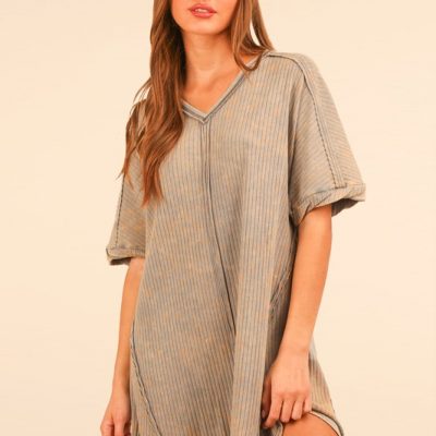 Plus Size Mineral Washed Ribbed Knit Mini Dress - Denim