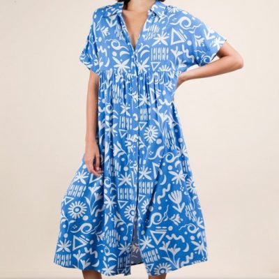 Plus Size Oversized Printed Shirt Midi Dress - Blue Mix