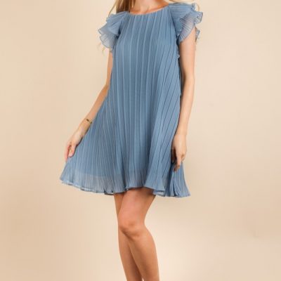 Plus Size Ruffle Sleeve Pleated Woven Mini Dress - Denim