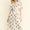 Polka Dot Puff Sleeves Waist Tie Midi Dress - Cream