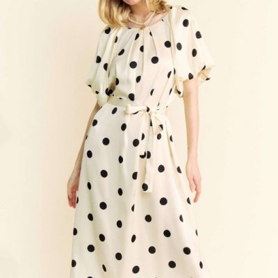 Polka Dot Puff Sleeves Waist Tie Midi Dress - Cream