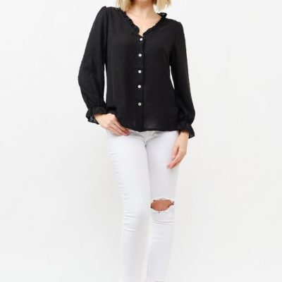 Polka Dot Ruffle Detailed Blouse Top - Black