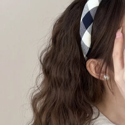 Polyester Plaid Wide Headband - White