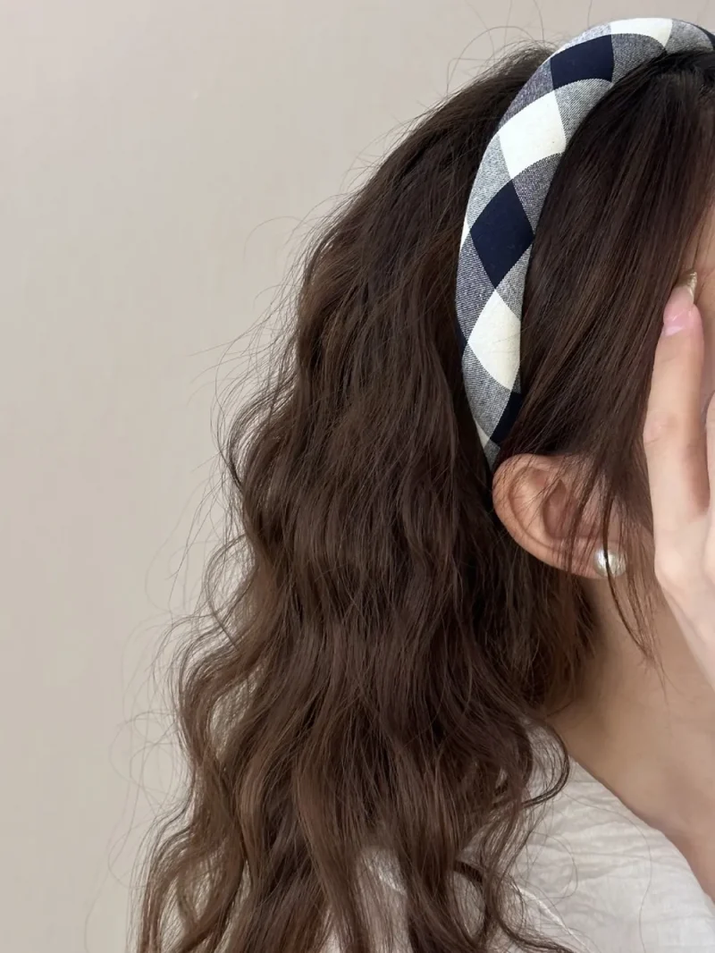 Polyester Plaid Wide Headband - White