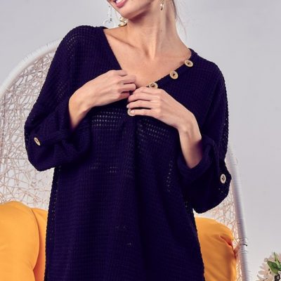 Popcorn Waffle Top with Buttoned Plaket - Black
