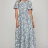 Printed Notched Woven Tiered Pintuck Maxi Dress with Side Pockets - Air Force Blue