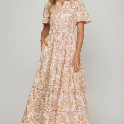 Printed Notched Woven Tiered Pintuck Maxi Dress with Side Pockets - Apricot