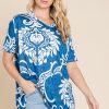 Printed Relaxed V-Neck Tunic Top - Blue