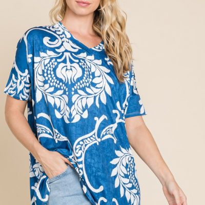 Printed Relaxed V-Neck Tunic Top - Blue