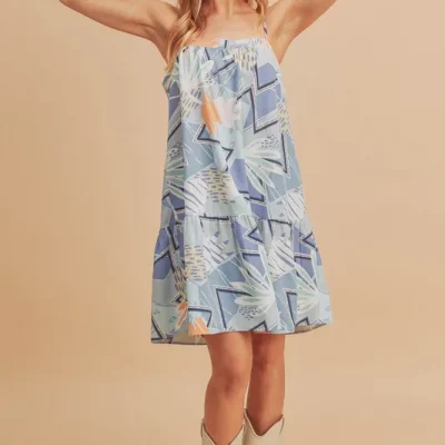 Printed Ruffled Hem Square Neck Mini Cami Dress - Light Blue