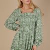Printed Smocked Chest Boho Mini Dress - Green