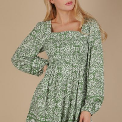 Printed Smocked Chest Boho Mini Dress - Green