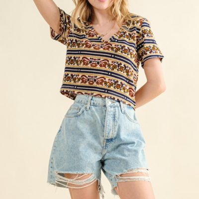 Printed V Neck Cropped T-Shirt - Blue