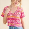 Printed V Neck Cropped T-Shirt - Coral