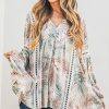 Printed with Lace Trim Casual Tunic Top - Sage