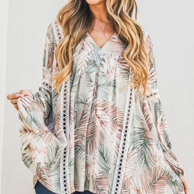 Printed with Lace Trim Casual Tunic Top - Sage