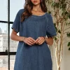 Raw Hem Mini Denim Dress With Pockets - Dark