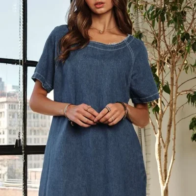 Raw Hem Mini Denim Dress With Pockets - Dark