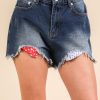 Raw Hem Pocketed Contrast Washed Denim Shorts - Denim