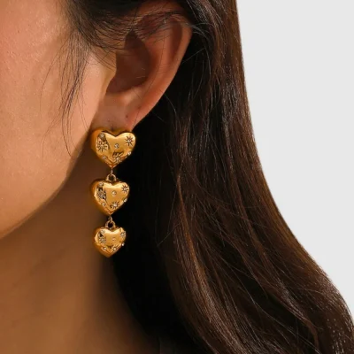 Rhinestone Stainless Steel Heart Earrings - Gold