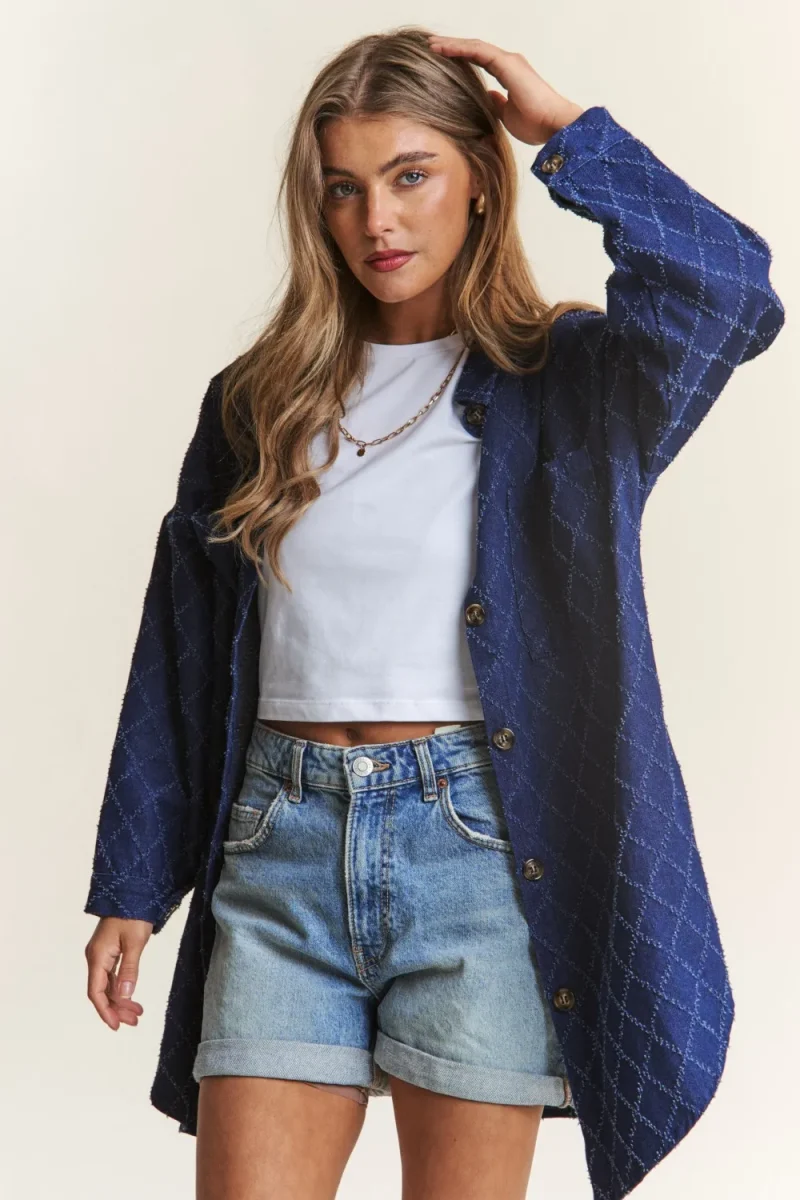 Rhombus Stitched Button Up Denim Shacket - Dark Denim