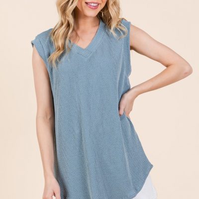 Rib Knit V-Neck Tank - Denim