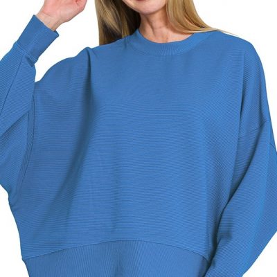 Ribbed Balloon Sleeve Sweatshirt - Classic Blue